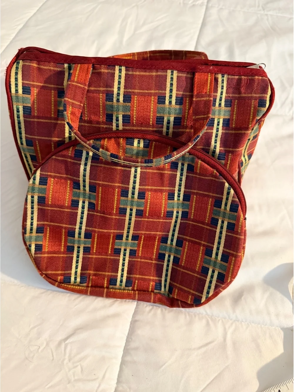 Vintage Multicolor Plaid Fabric Handbag with Matching RoundP
